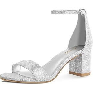 Pizz Annu Womens Size 7.5 Silver Glitter 2" Block Heel Ankle Strap Sandal Shoes